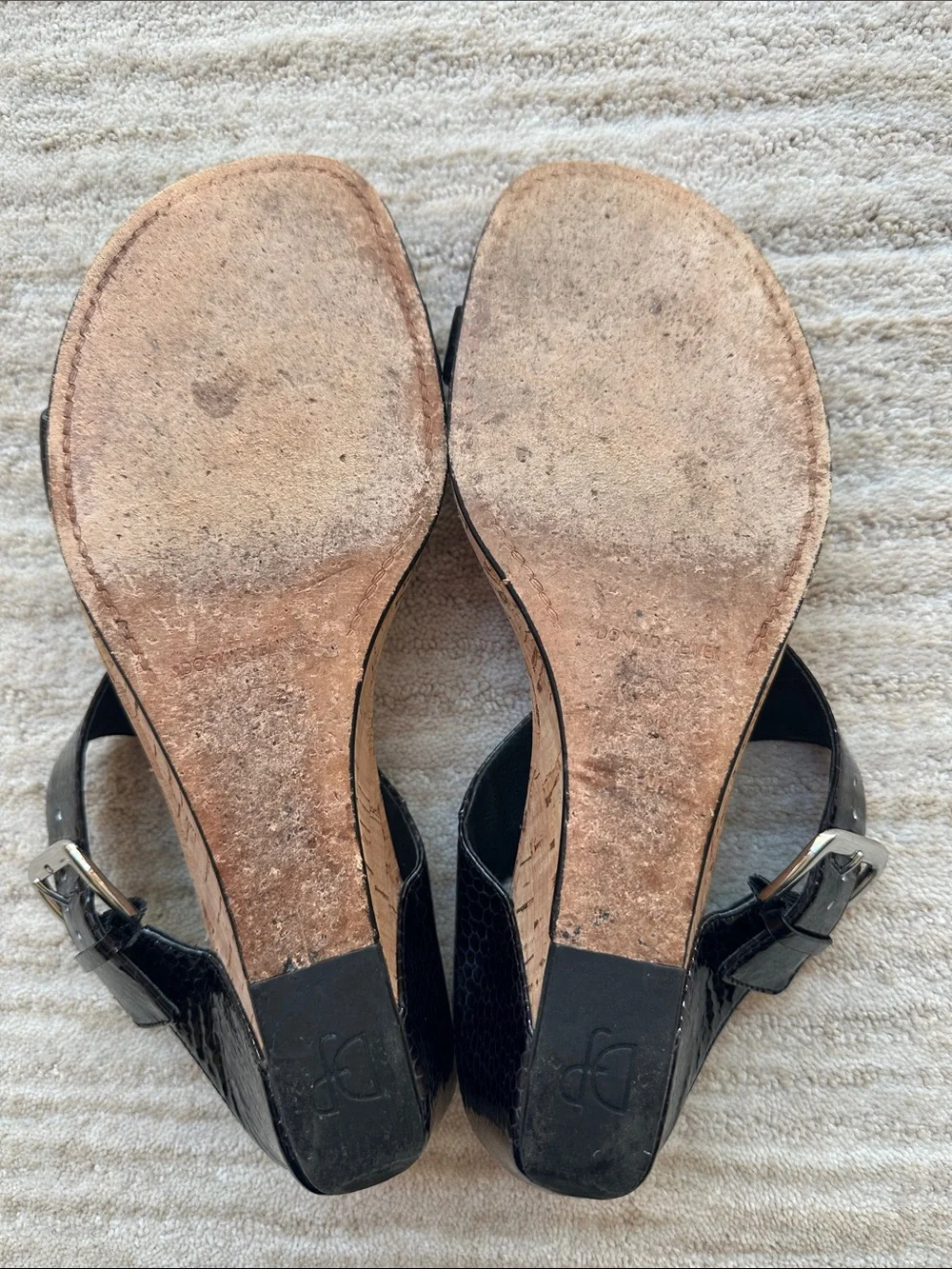 Donald J Pliner Doli Leather Buckle Cork Wedge Sandals Shoes Black Patent 9.5